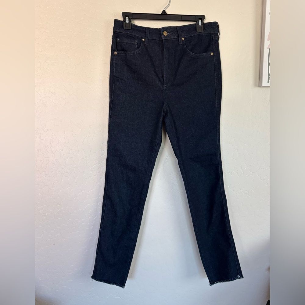 Free People Dark Wash High Rise Skinny Jeans 31 Raw Hem Stretch Denim